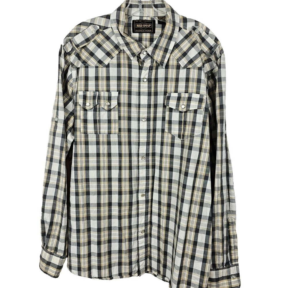 Red Snap Western‎ Shirt Mens XL Plaid Pearl Snap Long Sleeve Cotton